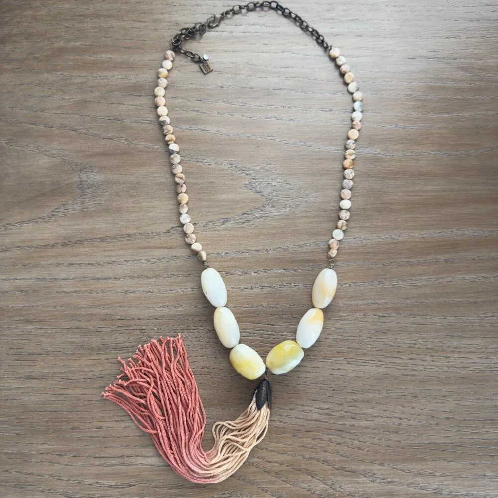 John Wind Beaded Necklace With Ombre Tassel Yellow Cream Stone Beads